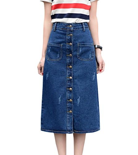 Wincolor Women's Button Front A-line Flared Long Denim Jean Skirts
