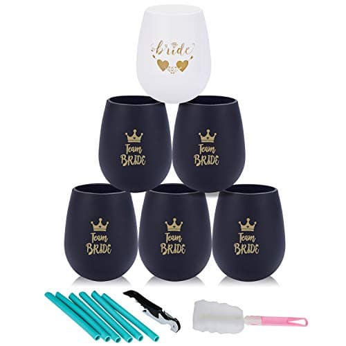 Set of 14 Wedding Bridesmaid Proposal Gift Kits - Include 1 Bride Silicone Cup 5 Black Team Bride Cups 1 Opener 1 Silicone Brush and 6 Straws - Bachelorette Party Bridal Shower Wine Glasses