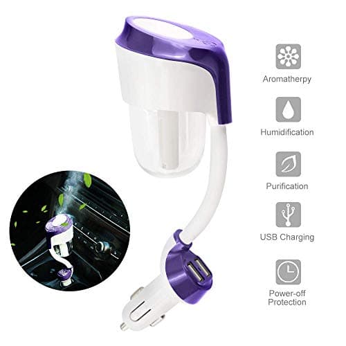 Car Humidifier, Car Diffuser, Cool Mist Car Air Purifier with 2 USB Charger Adapter, 12V Mini Car Aromatherapy Diffuser, Portable Car Essential Oil Diffuser, Car Diffuser Filters Gift (Purple)