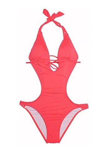 Beach Joy Bikini Women's Braid Detail Halter Top Monikini LARGE(10-12) Coral