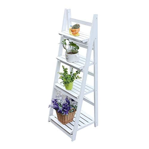 Hehilark 3/4- Tier Ladder Bookshelf Solid Wood Folding Flower Display Stand for Bookcase Leaning Plant Storage Rack (White, 4-Tier)