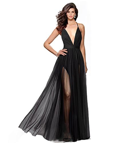 Alluring deep v-Neckline Spaghetti Straps Criss-Cross Open Back Tulle Dual Front Slits Evening Prom Formal Dress