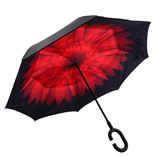 Windproof Umbrella Reverse Folding Double Layer Self-standing Umbrella with C-shaped Hand Free Handle for Travel and Car (GS-UKUM-Redflower)