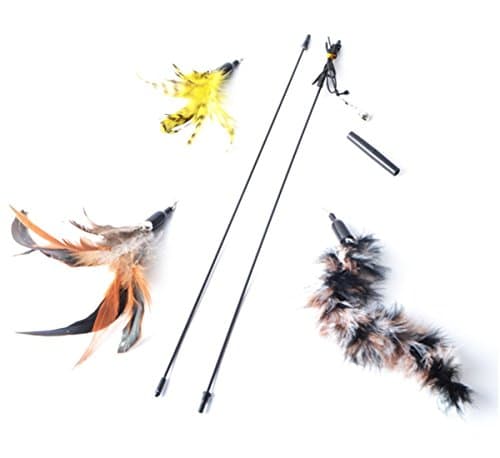 Cat Feature Toy Retractable Interactive Cat Wand with 3 Pack Assorted Feathers Teaser Catcher,Kitty Toy Stick for Cats Exercising (Cat Wand 3 Feature)