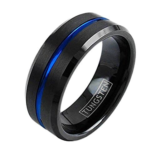 Black Tungsten Ring Thin Blue Line Brushed Band Personalized Engraving (tungsten (8mm), 12)