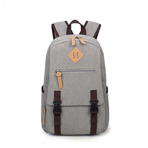 Casual Simple Men Canvas Travel Backpack Vintage Solid College Student Boys Laptop Bag Gray 14 Inches