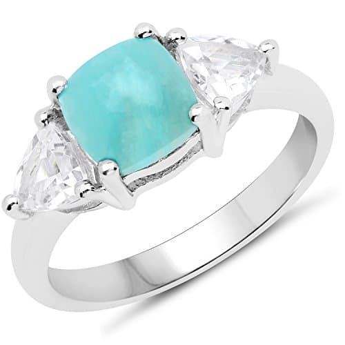 LoveHuang 2.34 Carats Genuine Amazonite Ring Solid .925 Sterling Silver With Rhodium Plating