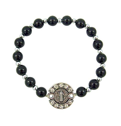 Black Bead Stretch Bracelet with Fancy Saint Benedict Medal, 7 1/2 Inch