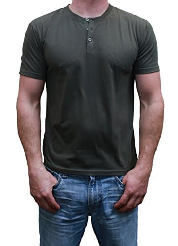 Henley Mens Short Sleeve TShirt with 3 Buttons, Solid Olive, Medium