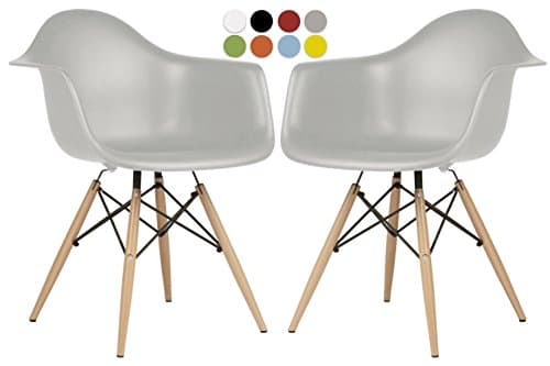 Eames Style Chair by La Valley - Set Of 2 - Mid Century Modern Eames Molded Shell Armchair with Dowel Wood Eiffel Legs - for Dining Room, Reception Room, Lounge - Easy-Assemble & Clean - Light Gray