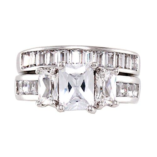 Rhodium Plated Three Stone Emerald Cut Premium CZ Prong Setting Engagement Wedding Ring Set, Total 3 CT include Side Stone (9)