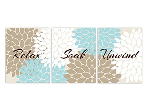 Light Blue, Tan and White Bathroom Décor - Relax Soak Unwind - Floral Bathroom Wall Art Prints - BATH80
