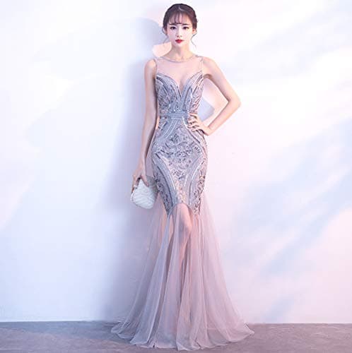 Deeply V-Neck A-Line Lady Evening Dresses Robe de Soiree Sequins Beading Mermaid Long Formal Prom Party Dress Style Vestido de Noche Banquet Annual Meeting Dress,Gray,US10