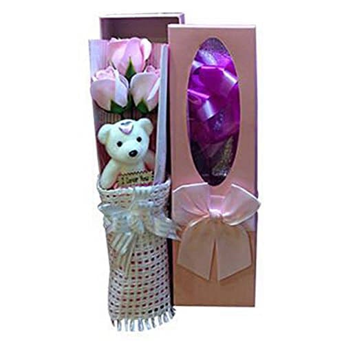 Romantic Rose Bouquet 3 Scented Soap Roses Gift Box With Cute Teddy Bear Mother’s Day Valentine’s (PINK)