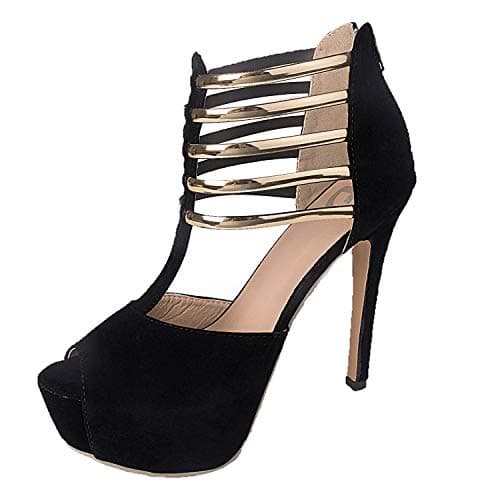 Figoo Platform Pump High Heels Black Peep Toe T-Strap