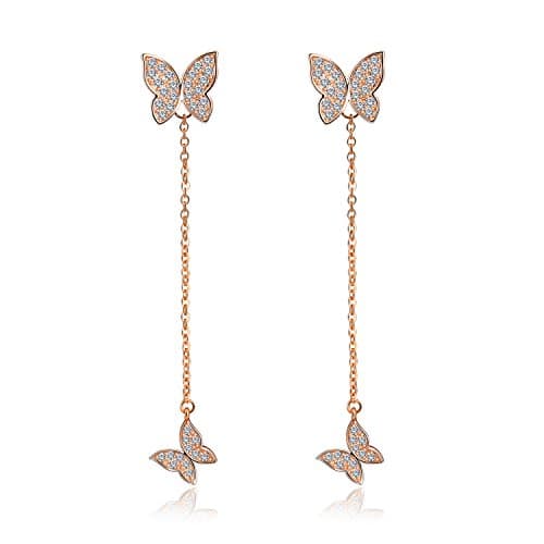 Silver or Rose Gold Tone Butterfly Tassel Drop Dangle Long Earrings For Women Wedding Bridal Jewelry