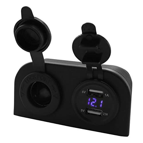 GraceMe Dual 5V USB Car Charger Car Cigarette Lighter Socket Splitter DC 12V 24V Power Supply Adapter Outlet + Digital Voltmeter (Attached vertical installation-Blue)