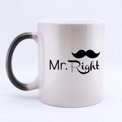 100% Ceramic Stylish Cool Mustache " MR . Right " Morphing Mug 11 Ounces Heat Sensitive Color Changing Custom Coffee/Tea Mug Great Gift Idea