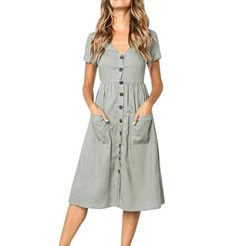 Bringbring Womens Holiday Summer Beach Solid Short Sleeve Buttons Party Dress