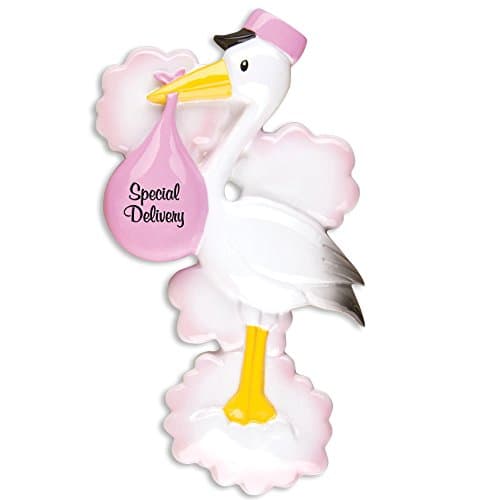 PERSONALIZED CHRISTMAS ORNAMENTS BABY'S FIRST--STORK-PINK