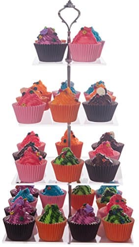 4 Tier Square Lifting Handle Acrylic Cupcake Stand Clear Acrylic Cake Tower (Silver)