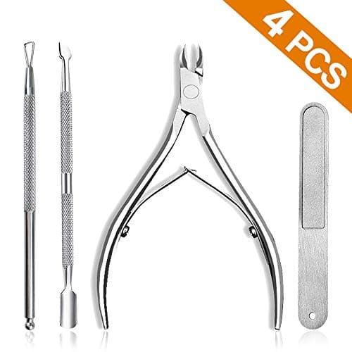 4PCS Cuticle Nippers Professional Include Nail Cuticle Pushers Nail File Metal, GRADED Stainless Steel Cuticle Trimmer Sharp Blande, PREMIUM Cuticle Cutter Tool, Handle Less Effort, Softer Grip