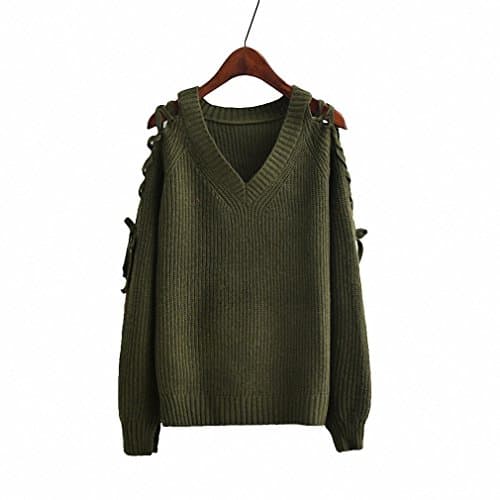 Lace Up Knitted Sweater Pullover Women Off Shoulder Long Sleeve Sweater Female Autumn Winter Hollow Out Jumper Army Green One Size
