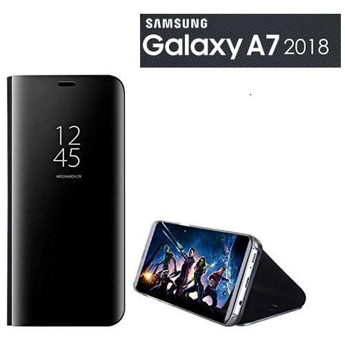 Trueupgrade™ Luxury Clear View Electroplate Mirror Protective Leather Flip Cover for Samsung Galaxy A7 2018 (Black)