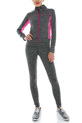 VERSCOS Women's Stretch 3 Pieces Compression Sets Jacket Tank Top Pant Leggings 65211 Small Fuchisa