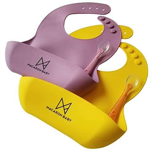 MACARON BABY waterproof silicone bibs, easy to clean, comfortable soft bibs keeps stains off, with food catcher pocket + BONUS Silicon Spoon X2 (FDA & LFGB approved, BPA FREE) (Lavender Lemon)