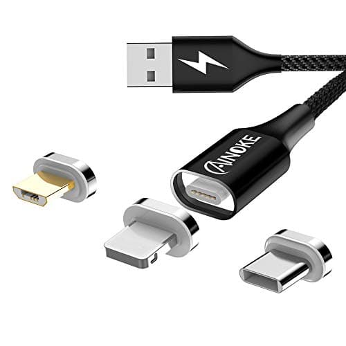 USB Magnetic Cable,Ainoke 3A Magnetic USB Charging Cable 3-in1 Cable Fast Charging Sync Data Cable with Micro USB Type C and for i-Product,Nylon Braided with LED for i-Product Android USB C(3.3ft/1M)
