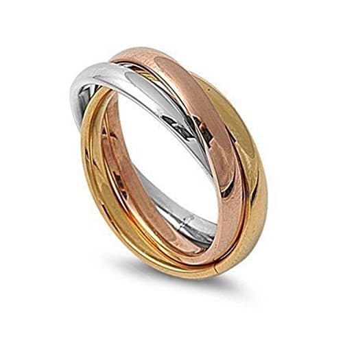 Stainless Steel Interlocked Triple Braided Multi Color Band Ring, Tri Color Wedding Band Ring Sizes 5-10 (7)