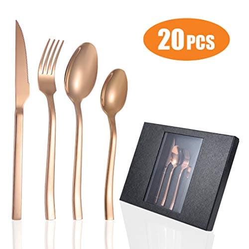 20-piece Silverware Flatware Cutlery Set,Durable Stainless Steel Utensils, Service for 5, Simple Lookand Modern Design,Mirror Polished , Include Knife/Fork/Spoon(rose gold)