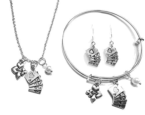 Necklace, Bangle and Earring Set - Playing Card Charms - Great Gift for Card Players