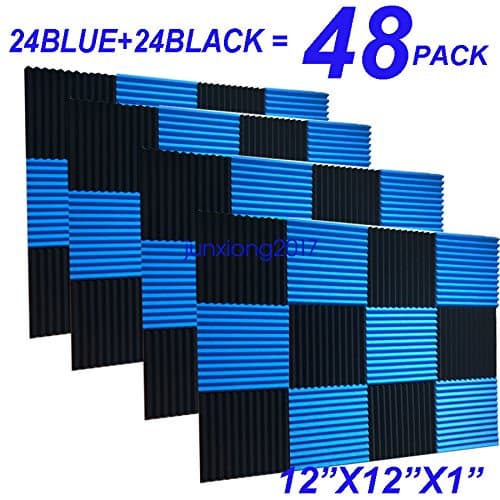 48 Pack BLACK Blue Acoustic Foam Panel Wedge Studio Soundproofing Wall Tiles 12" X 12" X 1"