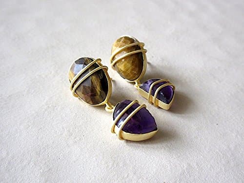 Minimalist Drop Gemstone Earrings with Tiny Tigers Eye and Amethysts, Wire Wrapped Dangle Earrings for Women - DE569