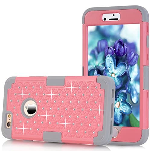 Case for iPhone 6/ 6S 4.7 Inch ALLW Hybrid Silicone Polycarbonate Protective Case Shock Resistant Embedded with Bling Crystal Rhinestones Durable Sparkly Stylish (Light Pink + Grey)