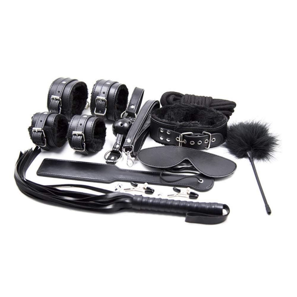 Bed Restraints Plush Black Suit with Satin Blindfold, Velvet Drawstring Bag and Feather Itch for Men and Women(Black Plush Set of Ten (Five Meters Rope))