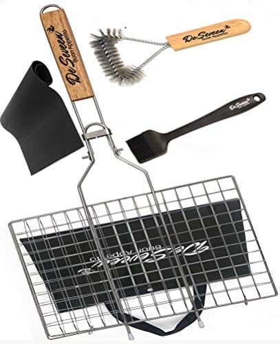 De Seveen BBQ Grilling Basket Set Includes Grill Mat, Grill Brush, Silicone BBQ Basting Brush and Free BBQ Grilling Basket 430 Stainless Steel Removable Wooden Handle