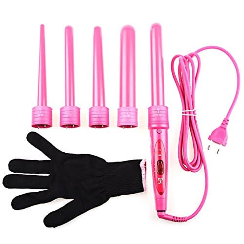 5 Part Interchangeable Hair Curling Iron Machine Ceramic Hair Curler Multi-Size Roller Heat Resistant Glove Styling Set PINK PLUG