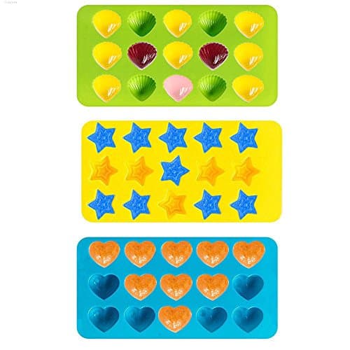 Bessmate Premium Silicone Candy Molds & Silicone Ice Cube Trays - 3 Pcs Stars & Hearts & Shells Molds - Making Homemade Chocolate, Jelly, Gummy, Soap ,Kids Toys - Green/Yellow/Blue