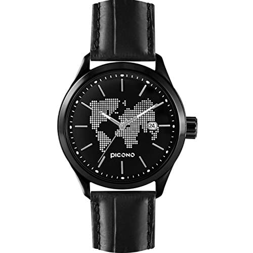 PICONOWorld Map Time and Date Automatic Water Resistant Analog Quartz Watch - No. 12602 (Black/Black)