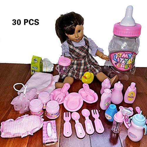Doll Feeding Set & Bath Doll Accessories, 30 Pc. Baby Doll Bottles, Doll Food Bowls & Utensils, Hair Brush, Diaper, Pacifiers, for 18" American Girl Dolls (Not Included) in Baby Bottle Gift Package