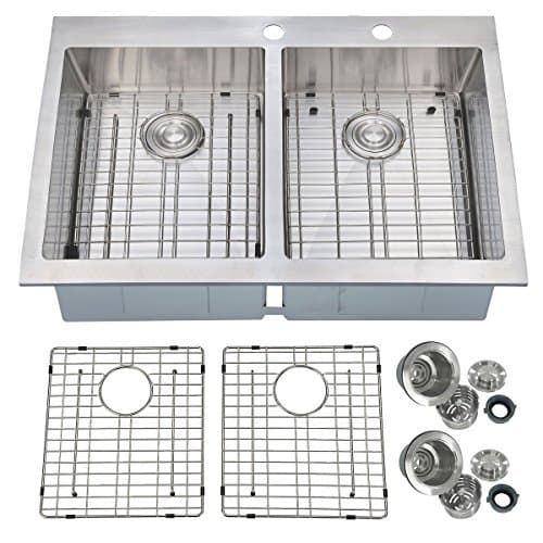 PRIMART 33 x 22 inch Handcrafted Topmount 50/50 Double Bowl 16 gauge Stainless Steel Kitchen Sink, 9 Gauge Deck With Grid