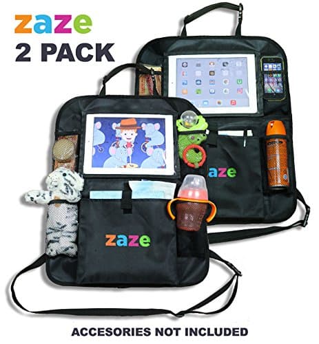 Premium CAR Back SEAT ORGANIZER & iPad TABLET HOLDER by ZAZE 2 Unit Multifunction: Car Seat Protector + Kick Mat + Organizer + Tablet Holder Travel Honda Odyssey Accessories Kids Covers Baby Protector