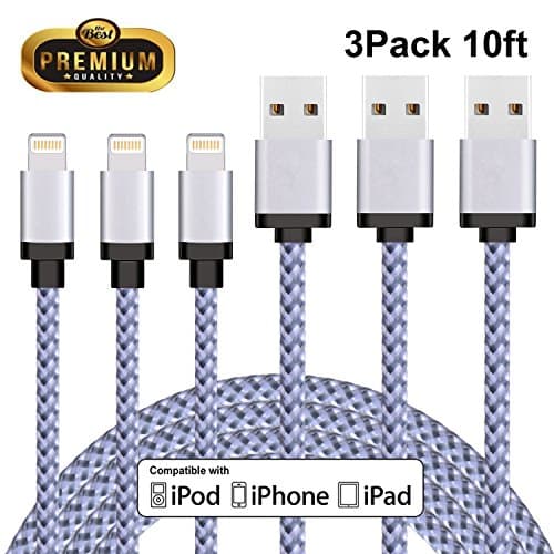 Lightning Cable, Everdigi iPhone Charger 3 Pack 10ft/3m Extra Long Nylon Braided Charging Cord for iPhone X/8/7/7 Plus/6/6s/6 Plus/6s Plus/5c/5s/5, and iPad (White)