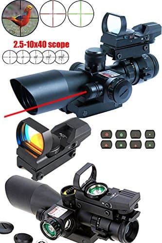Ledsniper Rifle Scope 3-in-1 2.5-10x40 Sight Red Laser Rail Mount+4 Reticle R&G Dot Open Reflex Sight w/ Weaver-picatinny Rail Mount for 11 Mm Rails+scope Barrel Mount