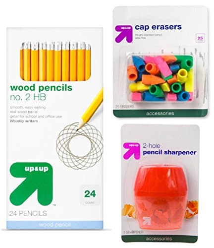 School Supplies - Pencils, Pencil Sharpener, and Eraser Caps Bundle