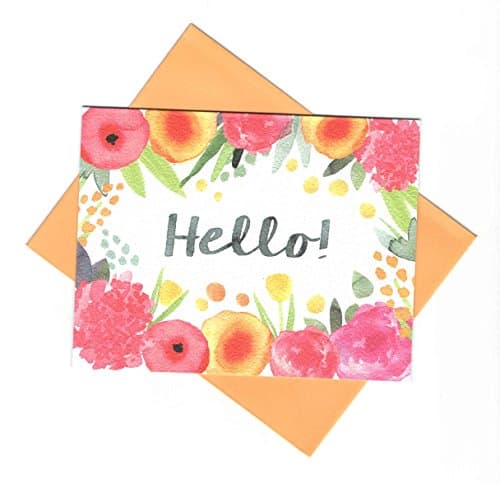 Spring Floral Blank Note Cards and Envelopes ~ Painted Flowers (Hello with Floral Border; 6 Cards; 4.25" x 5.5"; Candlelight Orange Envelopes)