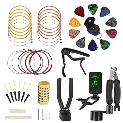 Guitar Strings Changing Kit, Kungber Guitar Accessories Kit Including Guitar Strings, Bridge Pins, Bones, Picks, Pick Holder, Tuner, 3 in 1 String Winder Cutter, Pin Puller, Capo, Hook (BZ)